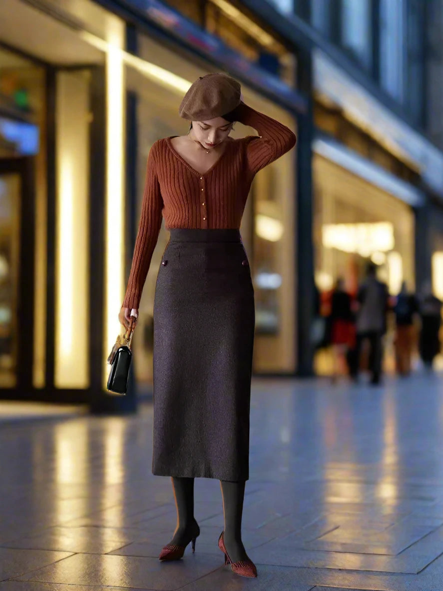 SPS - 66-78cm High Waist Black Wool Skirt Fall Winter Women Vintage Sexy Back Slit Skirt Elegant Slim All Match Woolen Long Wrap Skirt