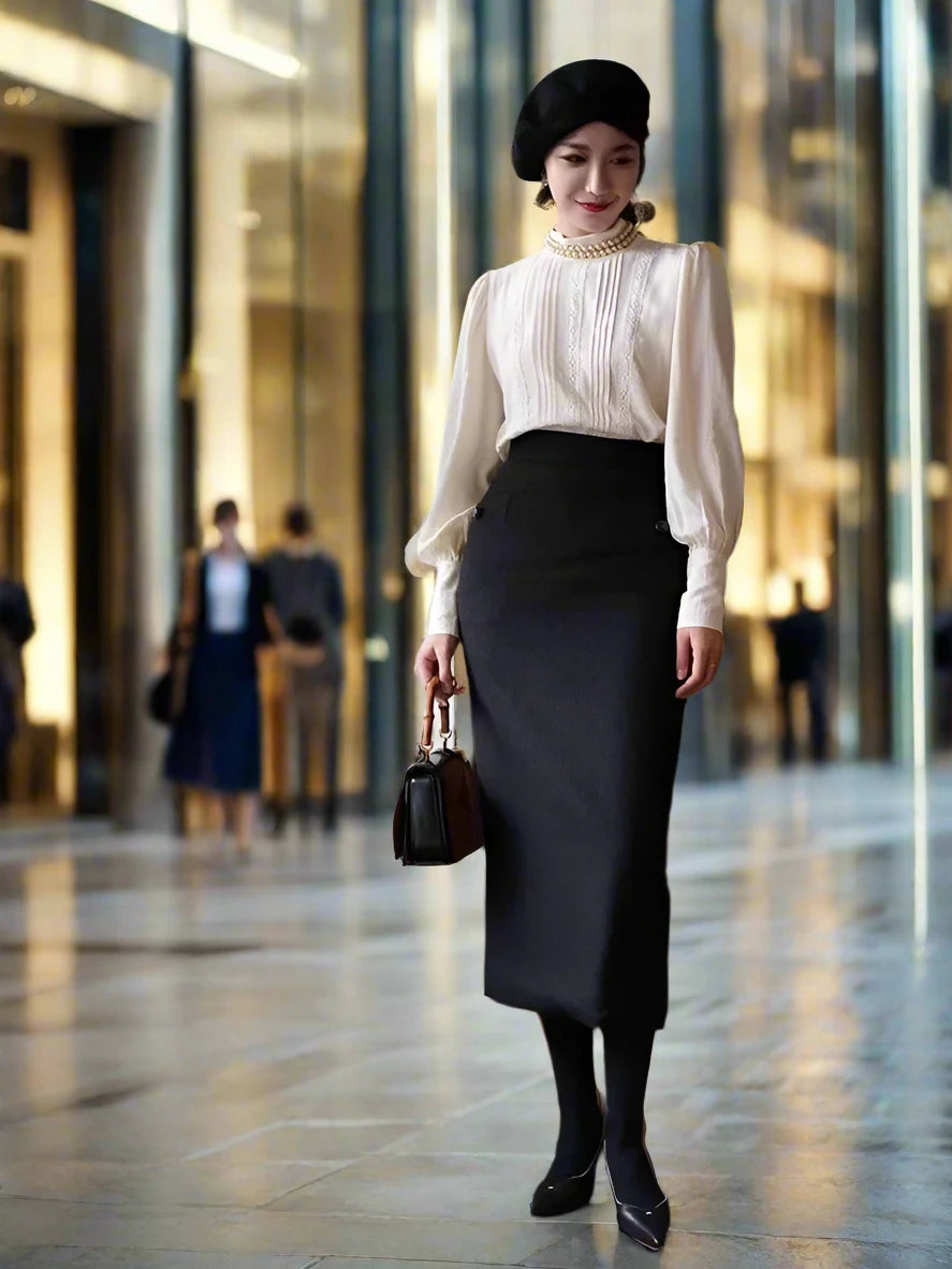 SPS - 66-78cm High Waist Black Wool Skirt Fall Winter Women Vintage Sexy Back Slit Skirt Elegant Slim All Match Woolen Long Wrap Skirt