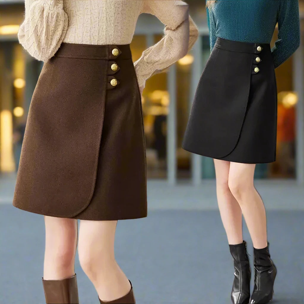 SPS - Temperament All-match Autumn Winter Woolen Women Solid High Waist Button Fashion Elegant Office Lady A-line Short Bag Hip Skirt