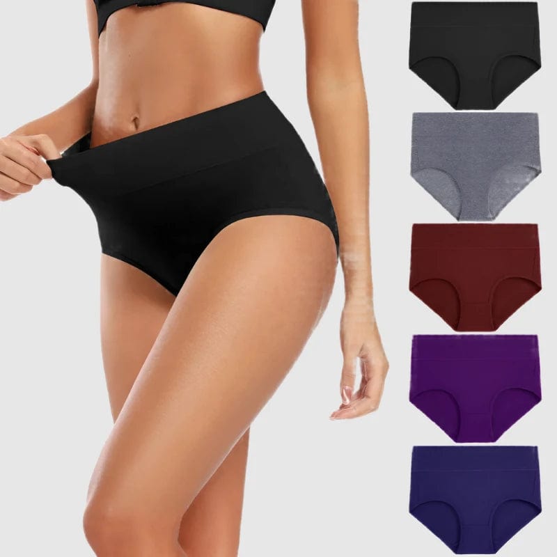 SPS - POKARLA Women's Seamless Cotton Panties Plus Size High Waist Panty Solid Color Full Coverage Ladies Briefs Set Girls Underwear