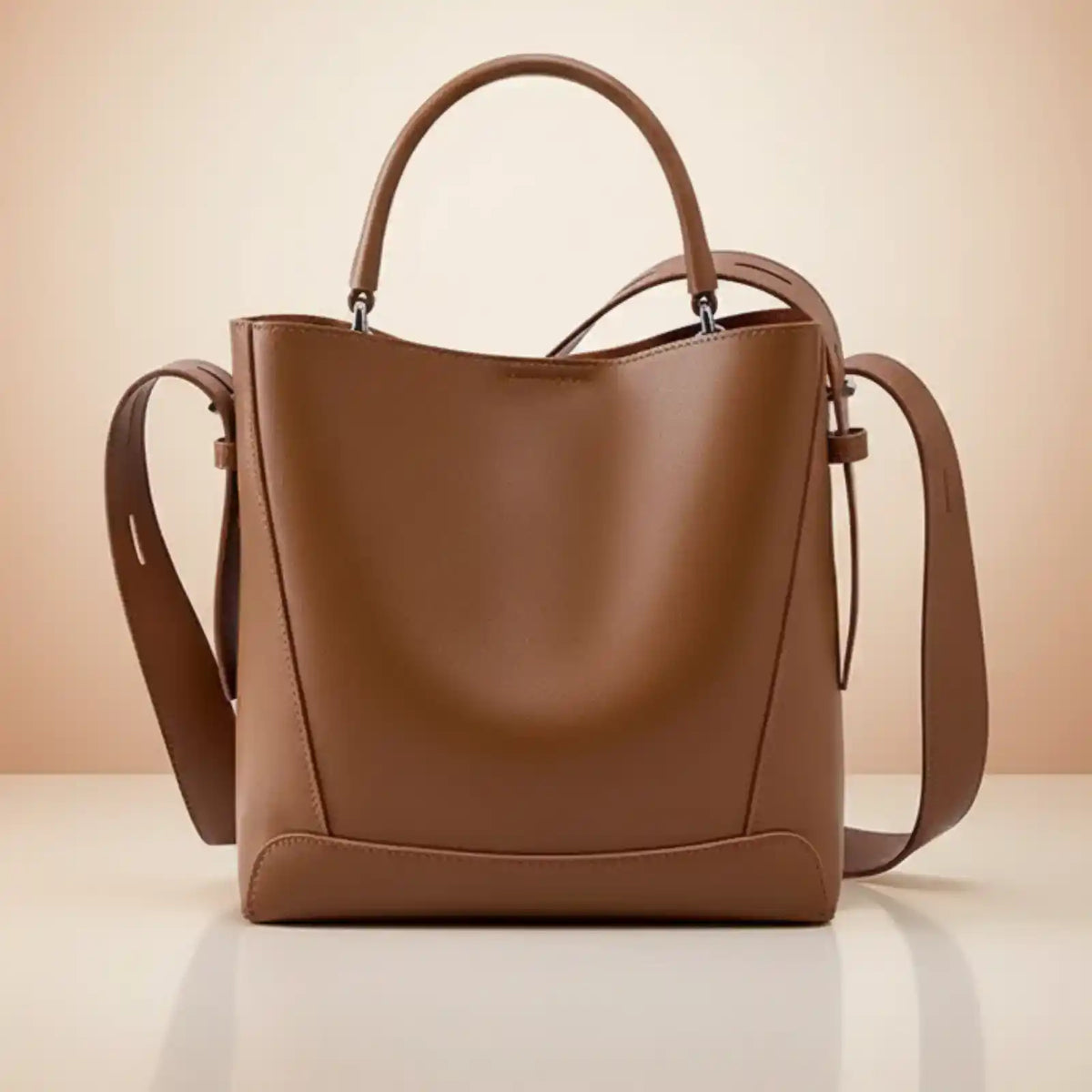 Split Leather Bucket Work Tote Bag for Women in Khaki Brown – product image 7