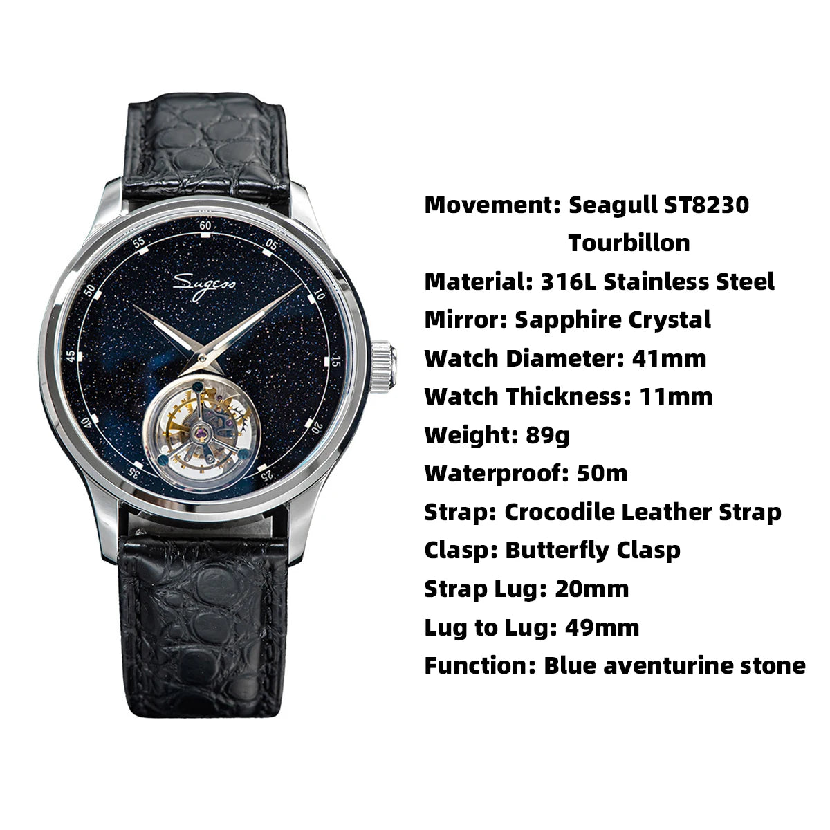 Sugess ST8230 Blue Stone Tourbillon Men’s Watch – Sapphire Mechanical Luxury Smash Price Shop Men's Watch