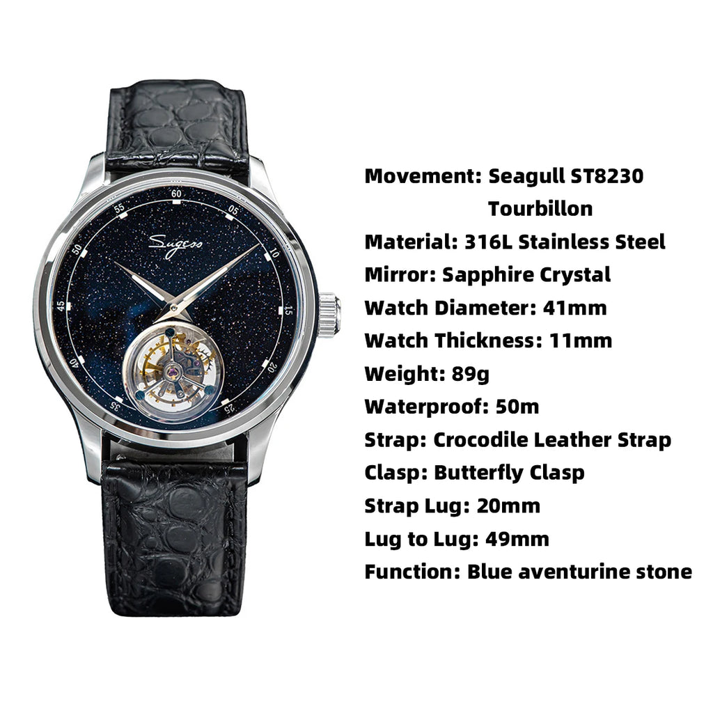 Sugess ST8230 Blue Stone Tourbillon Men’s Watch – Sapphire Mechanical Luxury