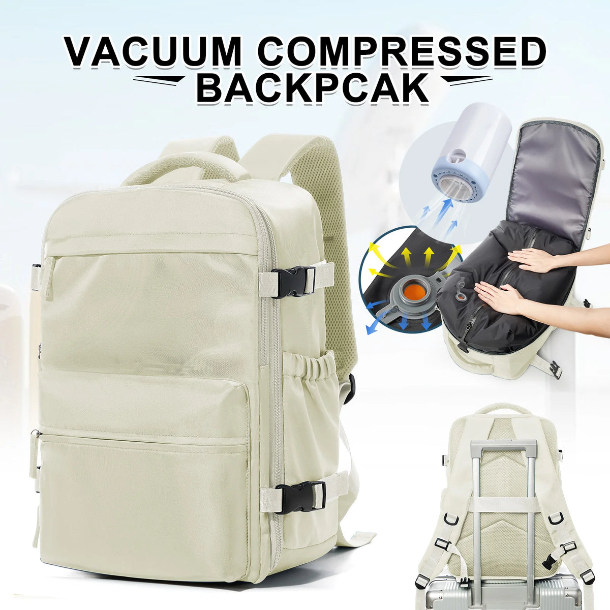 Vacuum Compression Laptop Travel Backpack in Beige with Pump – product image 12