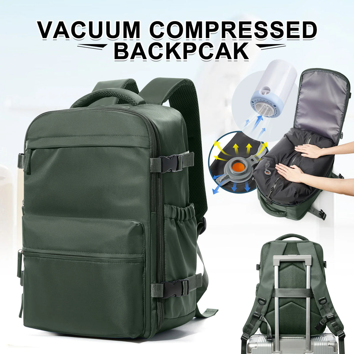 Vacuum Compression Laptop Travel Backpack in Green with Pump – product image 14