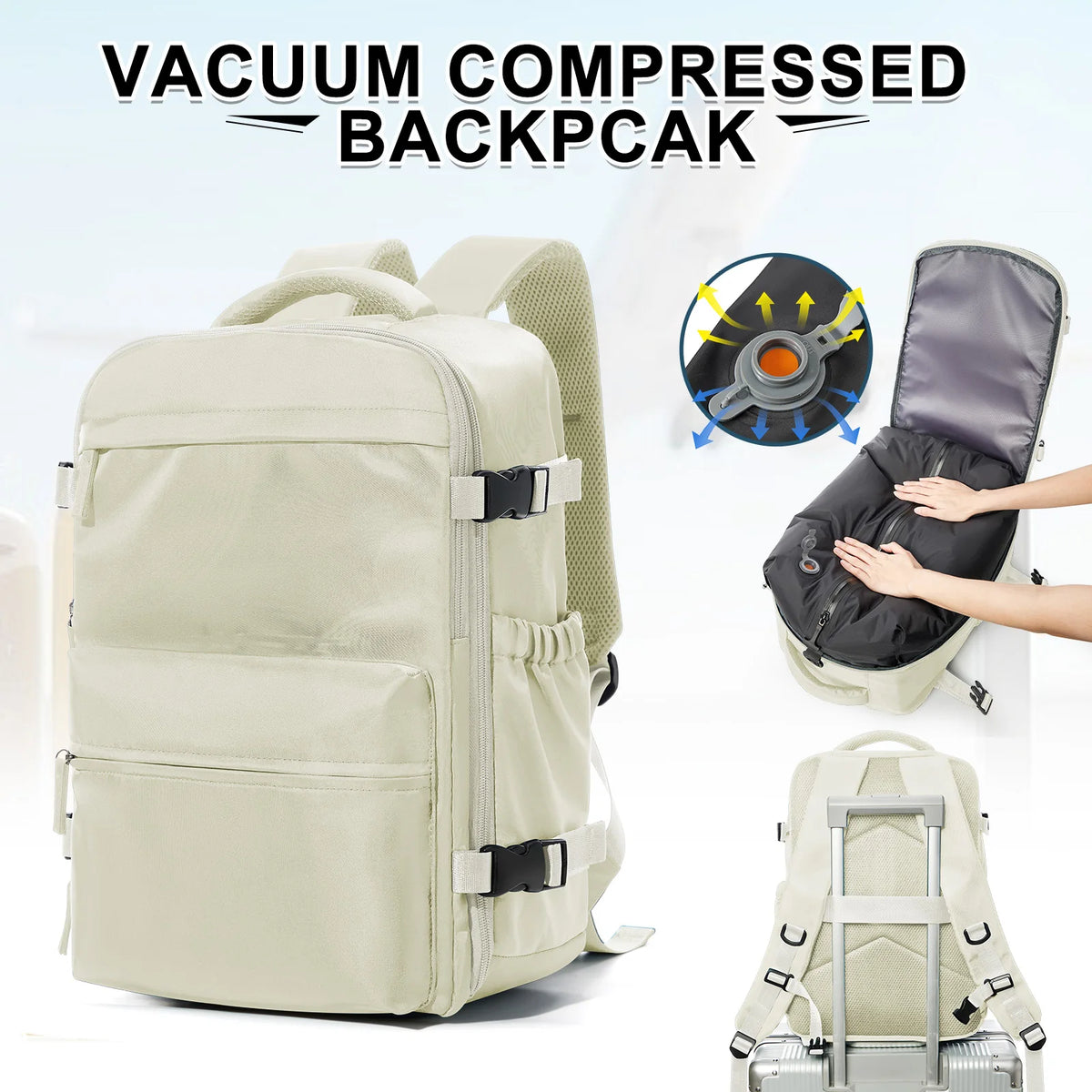 Vacuum Compression Laptop Travel Backpack in Beige no Pump – product image 15