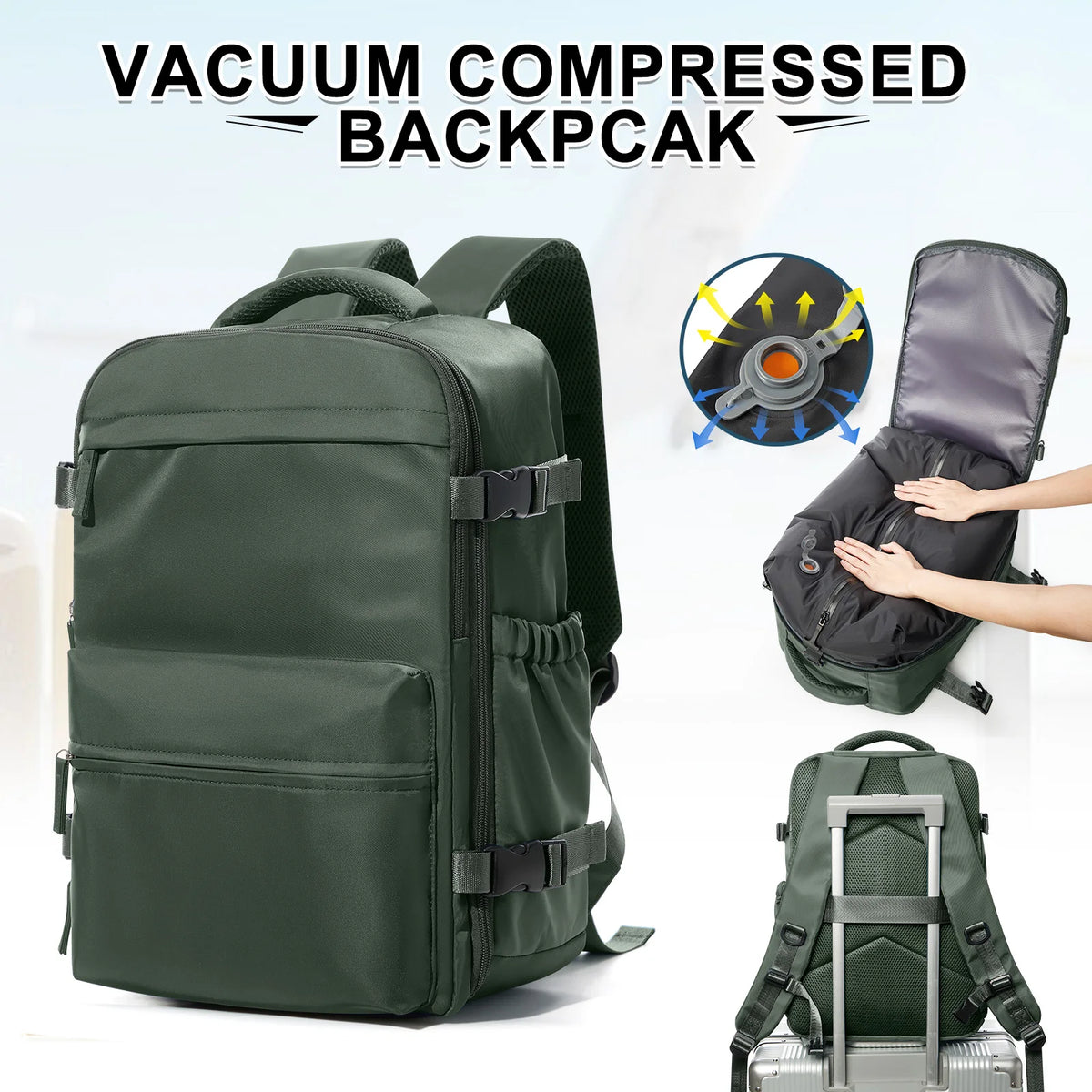 Vacuum Compression Laptop Travel Backpack in Green no Pump – product image 16