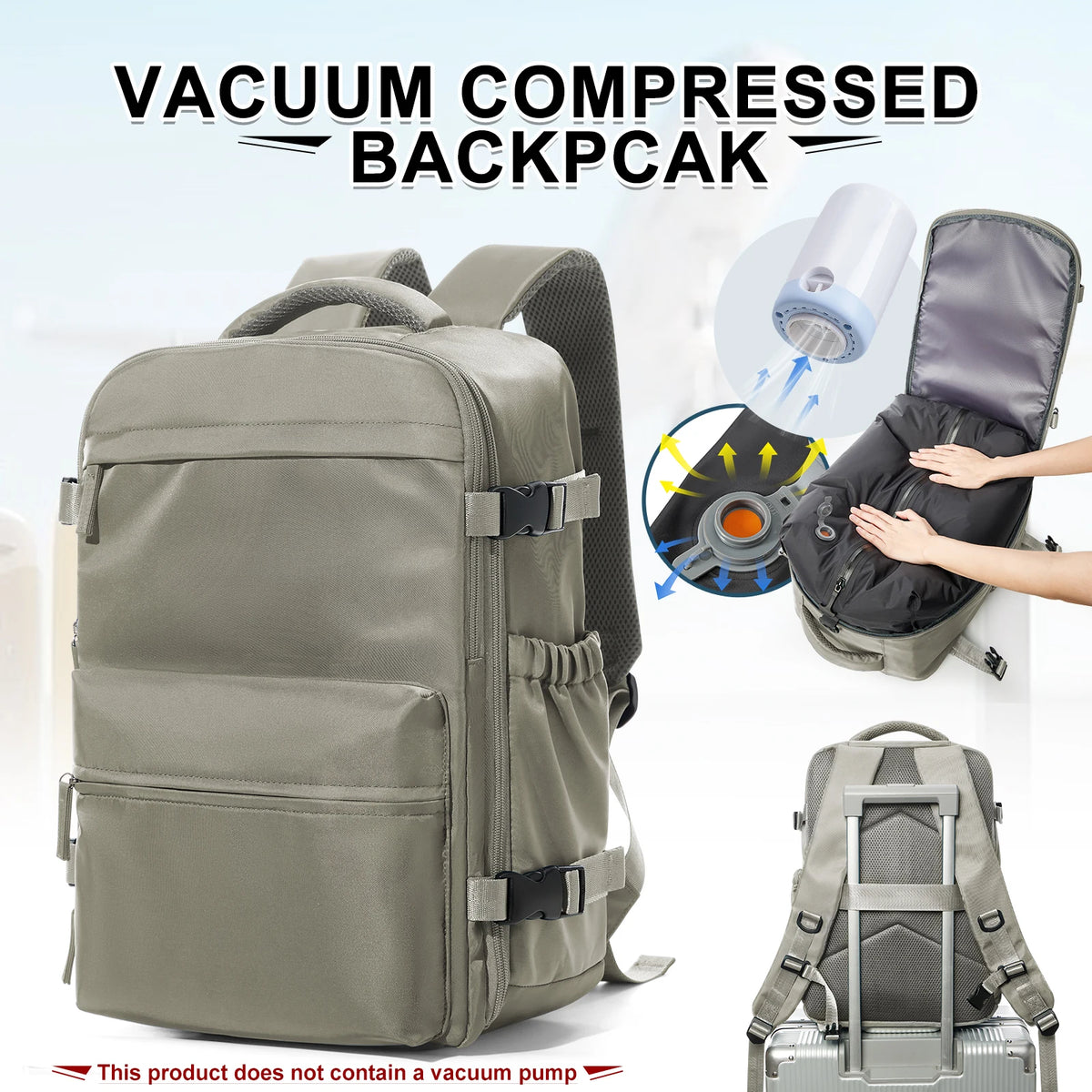 Vacuum Compression Laptop Travel Backpack in Brown with Pump – product image 17