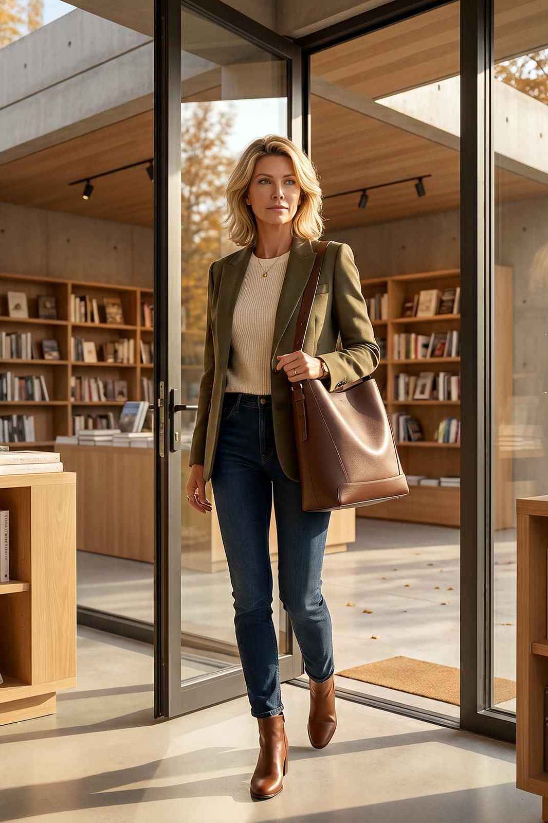 Woman walking through glass doors into a bookstore with bookshelves and wooden furniture.