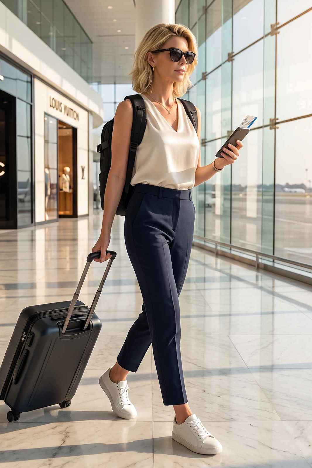 Woman walking in airport terminal with rolling suitcase, backpack, and holding boarding pass