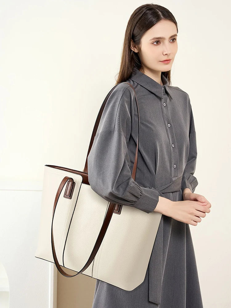 Zency Genuine Leather Women's Work Tote Bag Handbag Classic Elegant Beige Large Capacity Shopper Bag Pocket Black Purse For A4 Smash Price Shop