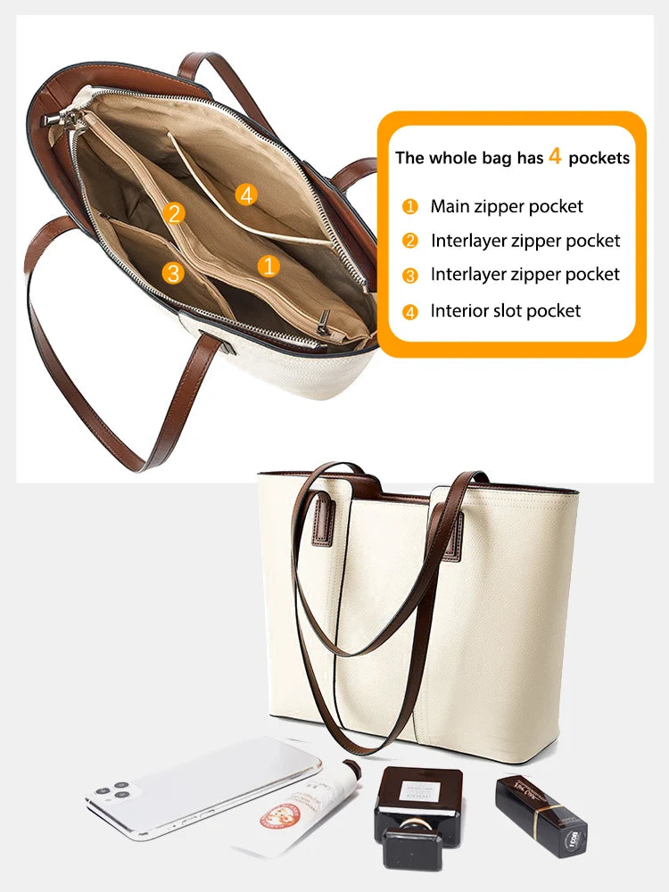 Zency Genuine Leather Women's Work Tote Bag Handbag Classic Elegant Beige Large Capacity Shopper Bag Pocket Black Purse For A4 Smash Price Shop