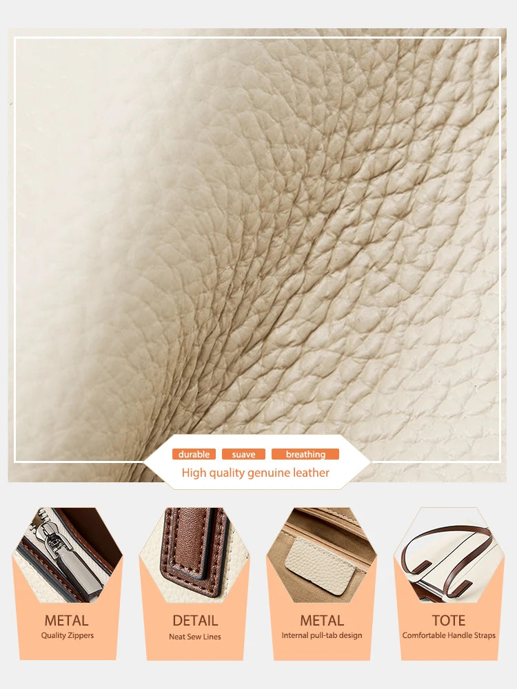 Zency Genuine Leather Women's Work Tote Bag Handbag Classic Elegant Beige Large Capacity Shopper Bag Pocket Black Purse For A4 Smash Price Shop