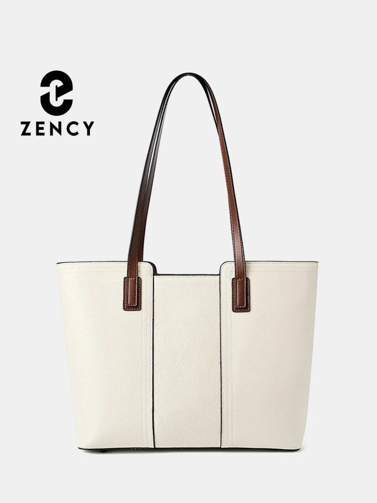 Zency Genuine Leather Women's Work Tote Bag Handbag Classic Elegant Beige Large Capacity Shopper Bag Pocket Black Purse For A4 Smash Price Shop