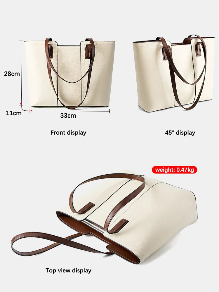 Zency Genuine Leather Women's Work Tote Bag Handbag Classic Elegant Beige Large Capacity Shopper Bag Pocket Black Purse For A4 Smash Price Shop